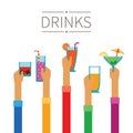 Raised hands with drinks and cocktails vector concept in flat style