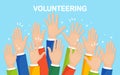 Raised hands isolated on background. Volunteering, charity, donate blood concept. Thank for care. Vote of crowd. Vector flat