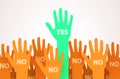 Raised hands with one individuality or unique person saying Yes. One leader of the crowd. Voting or volunteer concept.