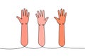 Raised hands one line colored continuous drawing. Voting, volunteering continuous colorful one line illustration. Vector