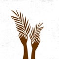 Raised hands and palm fronds. Royalty Free Stock Photo