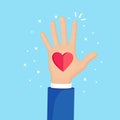 Raised hands with red heart. Volunteering, charity, donate blood concept. Thank for care. Vote of crowd. Vector flat design