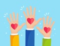 Raised hands with red heart. Volunteering, charity, donate blood concept. Thank for care. Vote of crowd. Vector flat design