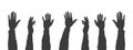 Raised hands. Silhouettes hands. Teamwork, collaboration, voting, volunteering concert. Vector illustration