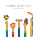 Raised hands with sports equipment concept in flat style Royalty Free Stock Photo