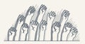 Raised hands vector illustration, voting arms, concert live party show crowd, a lot of people shows palm gesture, community