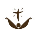 Raised hands in worship and cross icon