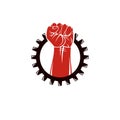 Raised human arm surrounded by engineering cog wheel. Proletarian leader abstract vector illustration, social revolution concept.
