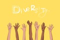 Raised human hands set. Multiracial people together. Diversity concept