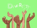 Raised human hands set. Multiracial people together. Diversity concept