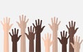 Raised multicultural hands, vector illustration