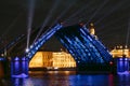 Raised Palace Bridge with blue illumination over the Neva River in St. Petersburg, July 22, 2022 St. Petersburg, Russia