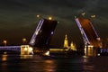 Raised Palace bridge over river Neva. Raising of bridges in Saint-Petersburg, Russia. Summer white night Royalty Free Stock Photo