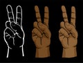 Raised peace sign hand set including line art and flesh tone versions isolated vector illustration