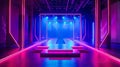 On a raised platform illuminated by pulsating neon lights a futuristic podium commands attention with its angular design