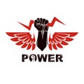 Raised strong clenched fist composed with lightning, winged logo.