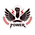 Raised strong clenched fist composed with lightning, winged logo