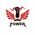 Raised strong clenched fist composed , winged logo. Boxing club abstract emblem can be used as tattoo