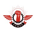 Raised strong clenched fist surrounded with industry gear, winged logo. Power and authority conceptual illustration.