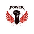 Raised strong clenched fist winged logo. Best fighter vector symbol, champion concept.