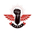 Raised strong clenched fist winged logo. Best fighter vector symbol.