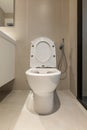 Raised toilet seat and bidet shower with wall mount in interior of modern bathroom Royalty Free Stock Photo