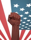 Raised up african american fist over united states flag 4th of july banner independence day holiday concept