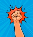 Raised up clenched fist drawn in pop art retro comic style. Cartoon vector illustration