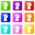 Raised up clenched male fist icons 9 set