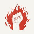 Raised up fist on red fire flame silhouette. Protest demonstration or power concept. Vector illustration isolated on