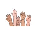 Raised up hands, multi-colored palms of people different nationalities and rases.Citizens vote, express opinion, support choice. Royalty Free Stock Photo