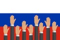 Raised up hands on russian flag vector illustration. Teamwork, collaboration, voting, volunteering concert.