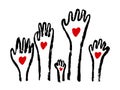 Raised up hands vector illustration. Teamwork, collaboration, voting, volunteering concert. Diversity of human hands raised.