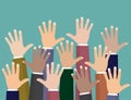 Raised up hands. Volunteering charity, concept of education, business training.