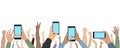 Raised up human hands and hands of people with phones. Cheerful crowd of people at concert or party, fans. Vector illustration