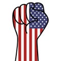 Raised usa flag fist. Fist shape american flag color. Stars stripes american hand. Patriotic demonstration, rebel, protest