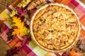 Raisin bread pudding desert with fall decorations Royalty Free Stock Photo