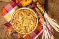 Raisin bread pudding desert with fall decorations Royalty Free Stock Photo