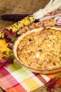 Raisin bread pudding desert with fall decorations Royalty Free Stock Photo