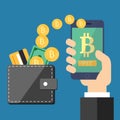 A hand with a phone and a leather wallet with golden coins on a blue background. Vector golden bitcoin money concept. Royalty Free Stock Photo