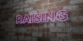 RAISING - Glowing Neon Sign on stonework wall - 3D rendered royalty free stock illustration