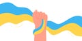 Raising hand with Ukraine Flag ribbon. Glory to Ukraine, Save Ukrainians, Stop War.