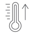 Raising the temperature thin line icon, weather and climate, thermometer sign, vector graphics, a linear pattern on a