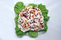 Raisins and apricots on the salad . On the plate capital salad . A creamy flavorful cold chicken macaroni salad, that s perfect Royalty Free Stock Photo