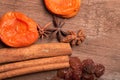 Raisins, cinnamon, anise and dried apricots lying on an old wood