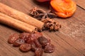 Raisins, cinnamon, anise and dried apricots lying on an old wood