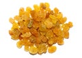 Raisins from kishmish on a white background.Small seedless raisins from white grape varieties