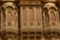 Medieval Rajasthan heritage building made of yellow limestone with intricate artwork known as the Patwon ki haveli at Jaisalmer. Royalty Free Stock Photo