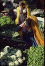 Rajasthani woman in colorful saree weighing vegetables