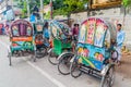 RAJSHAHI, BANGLADESH - NOVEMBER 10, 2016: Colorful rickshaws in Rajshahi, Banglade